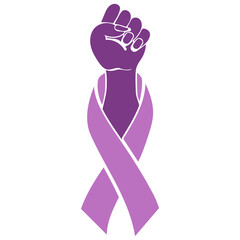 world cancer day, Cancer Awareness Concept With purple Color Ribbons, celebrating the lives of brave warriors, fist up raised fist