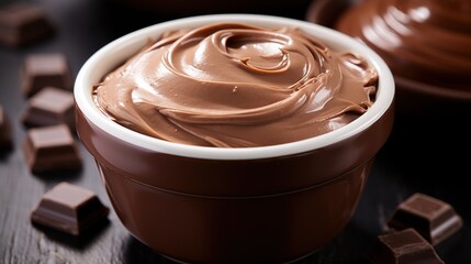  a bowl filled with chocolate frosting on top of a wooden table next to a bowl of chocolate cubes.