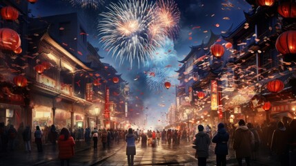 Fireworks in China to celebrate the Chinese New Year - obrazy, fototapety, plakaty