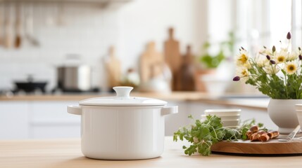 a white crock pot sitting on top of a wooden cutting board next to a vase with flowers in it. - obrazy, fototapety, plakaty