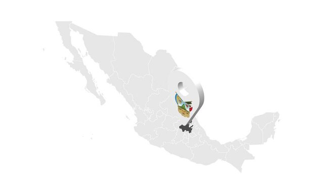 Location Hidalgo on map Mexico. 3d State of Hidalgo flag map marker location pin. Map of  Mexico showing different parts. Animated map States of Mexico. 4K.  Video