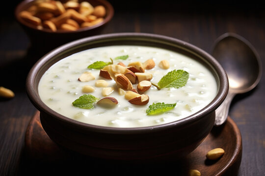 Indian sweet dessert basundi or rabri or rabdi in bowl. made from condensed milk and dry fruits.