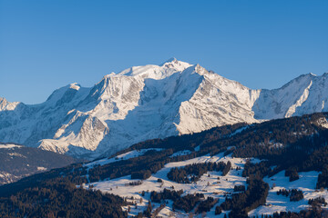 The close-up of the Mont Blanc massif in Europe, France, Rhone Alpes, Savoie, Alps, in winter, on a sunny day.