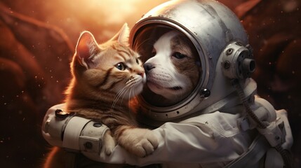 A delightful scene featuring a dog and cat donning astronaut suits, their helmets touching as they share a joyous hug, against a backdrop of stars and galaxies on a light-toned background.