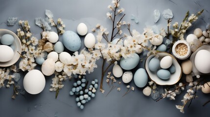  a bunch of eggs sitting on top of a table next to flowers and a plate with blue eggs on it.
