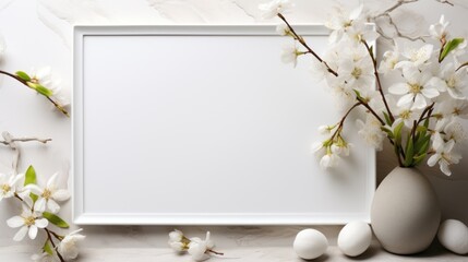 Naklejka na ściany i meble a white frame with white flowers and eggs on a marble surface with a white wall and a white vase with white flowers.