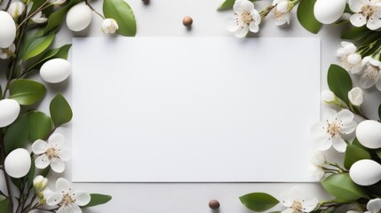  a white sheet of paper surrounded by white flowers and green leaves on a white background with space for a text.