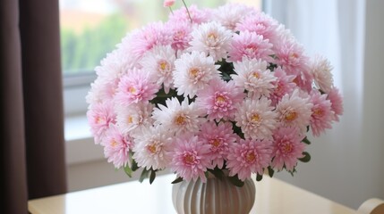  a vase filled with pink and white flowers on top of a wooden table next to a window with drapes.