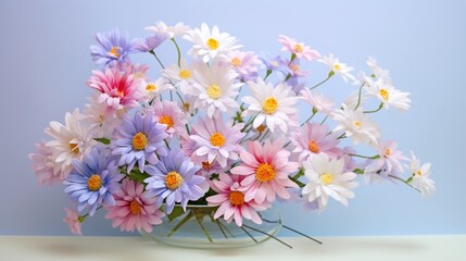  a close up of a vase of flowers on a table with a blue wall in the background and a light blue wall in the background.