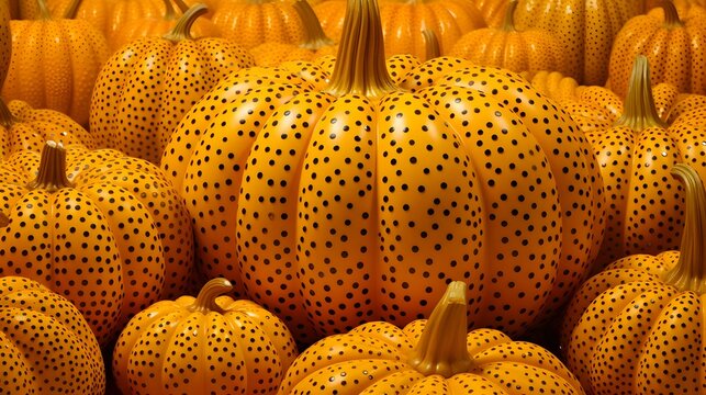 AI generated illustration of an array of vibrant orange and black spotted pumpkins