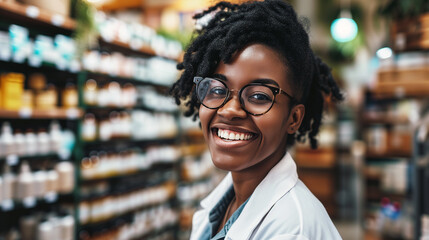 Fototapeta premium Smiling female pharmacist in drugstore store Generative AI 