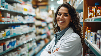 Smiling female pharmacist in drugstore store Generative AI	