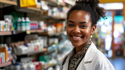 Smiling female pharmacist in drugstore store Generative AI	 - obrazy, fototapety, plakaty