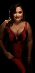 Fototapeta na wymiar Young buxom beautiful sensual seductive woman in red open evening dress on dark background