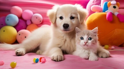 Fototapeta na wymiar A fluffy white cat and a playful golden retriever puppy sitting side by side on a pink blanket, surrounded by colorful toys.