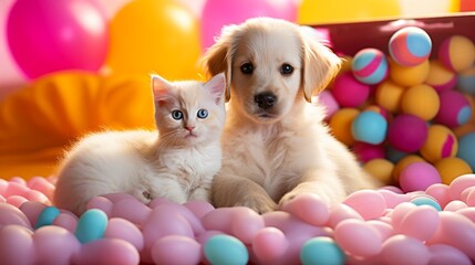 Fototapeta na wymiar A fluffy white cat and a playful golden retriever puppy sitting side by side on a pink blanket, surrounded by colorful toys.