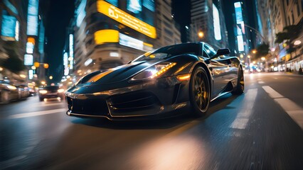 Sports Car On The Street at Night. Powerful acceleration long exposure lights trails. Generative AI