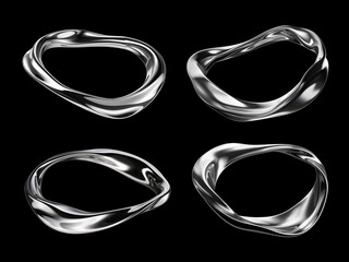 Abstract chrome metal ring isolated. Futuristic silver ring. Wavy liquid metal shape rotating around empty space