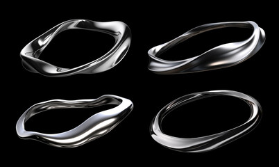 Abstract chrome metal ring isolated. Futuristic silver ring. Wavy liquid metal shape rotating around empty space - obrazy, fototapety, plakaty