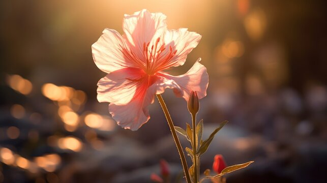  a close up of a pink flower with the sun shining through the backgrouds of the blurry background.
