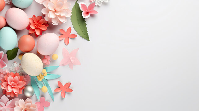 Many colorful eggs and flowers arranged on white background. for Easter, spring, farm, or food-themed designs and projects. Adds a vibrant and cheerful touch.Easter holiday card concept