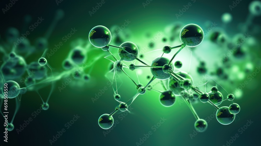 Poster a close up of a green and black background with a bunch of balls in the center of the image and a li