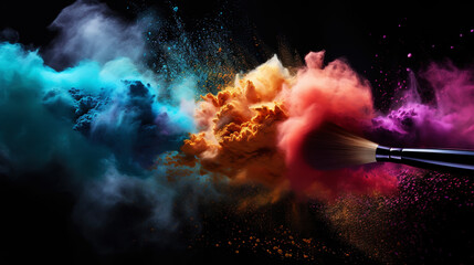 A soft makeup brush releases colourful powder into a dusty, expansive cloud. Black background. Generative AI