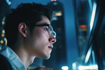 Asian man interacting with digital screen Looking at the holographic digital display, future technology and living in a big city.