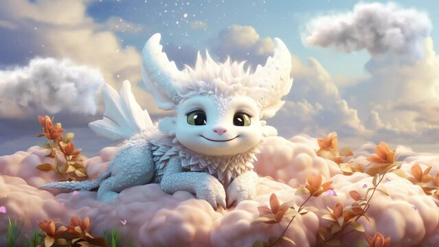 Lullabies Cute Baby Dragon. 4K Ultra HD Animated Looping Video.