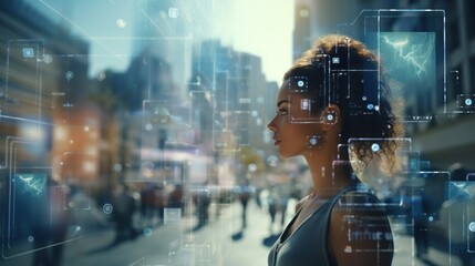 Young woman interacts with digital screen Looking at the holographic digital display, future technology and living in a big city