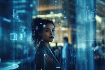 Young woman interacts with digital screen Looking at the holographic digital display, future technology and living in a big city
