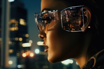 Close-up of young woman wearing glasses surfing an interactive virtual world and reflection of digital screen in glasses - obrazy, fototapety, plakaty