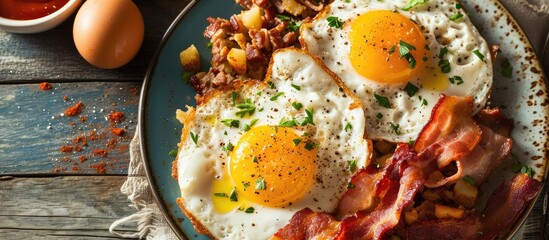 Bacon with corned beef hash and two fried eggs. - obrazy, fototapety, plakaty