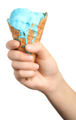 Woman holding melting ice cream on white background, closeup