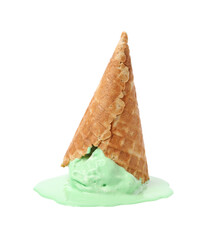 Melting ice cream in wafer cone isolated on white