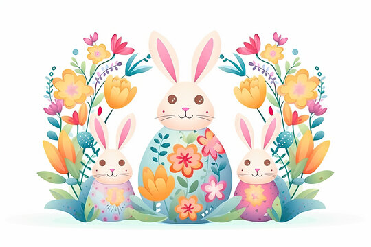 Easter bunny with flowers and eggs. depicts a cute bunny surrounded by colorful flowers and Easter eggs.for Happy Easter banner, poster, greeting card.