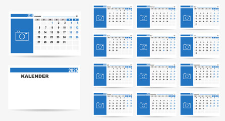 2025 calendar on german language with german holidays. Week start on monday. Calendar with place for photo.	