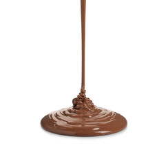 Pouring tasty melted milk chocolate isolated on white