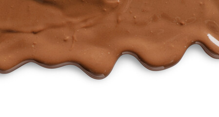 Tasty melted milk chocolate pouring down on white background