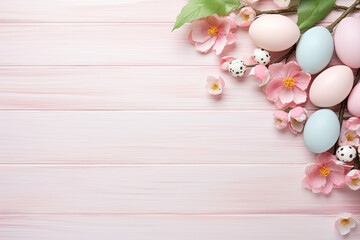 Many colorful eggs and flowers arranged on a pink wooden background. for Easter, spring, farm, or food-themed designs and projects. Adds a vibrant and cheerful touch.Easter holiday card concept 