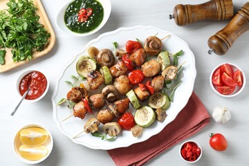 Delicious shish kebabs with vegetables and microgreens served on white table, flat lay