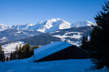 A wooden chalet facing the Mont Blanc massif in Europe, France, Rhone Alpes, Savoie, Alps, in winter, on a sunny day.