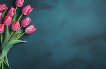 Fototapeta na wymiar Bouquet of tulips on a blue background, dark pink and dark gray, decorative background