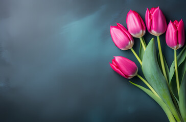 Pink tulips on dark background stock photo, in the style of dark turquoise and gray, decorative background