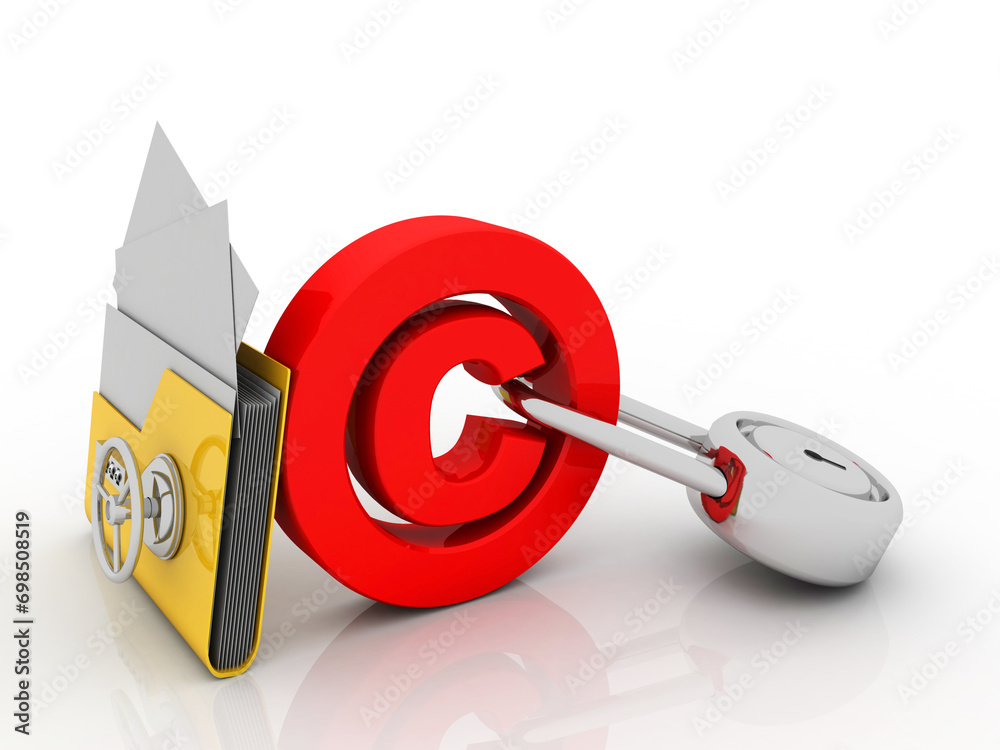 Poster 3d rendering yellow folder and lock. data security concept