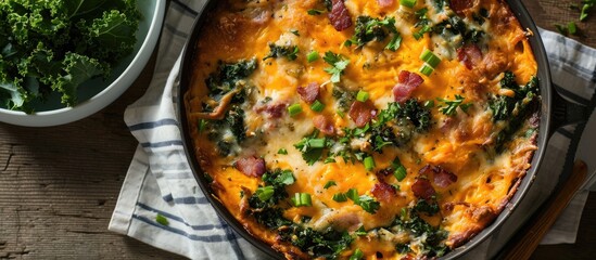 Fall casserole with pumpkin, leek, bacon, cheese, and kale.