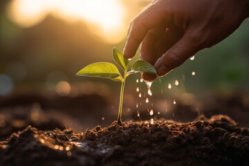 A hand watering a young plant in soil with a golden light in the background
