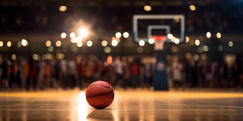 A basketball on a court with the spotlight and a cheering crowd in the background - obrazy, fototapety, plakaty