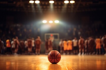 A basketball on a court with the spotlight and a cheering crowd in the background - obrazy, fototapety, plakaty