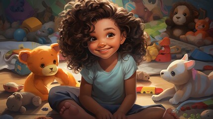 A mischievous mixed race girl giggling while holding a tiny ginger kitten in her cupped hands, surrounded by colorful toys scattered across a playroom floor.